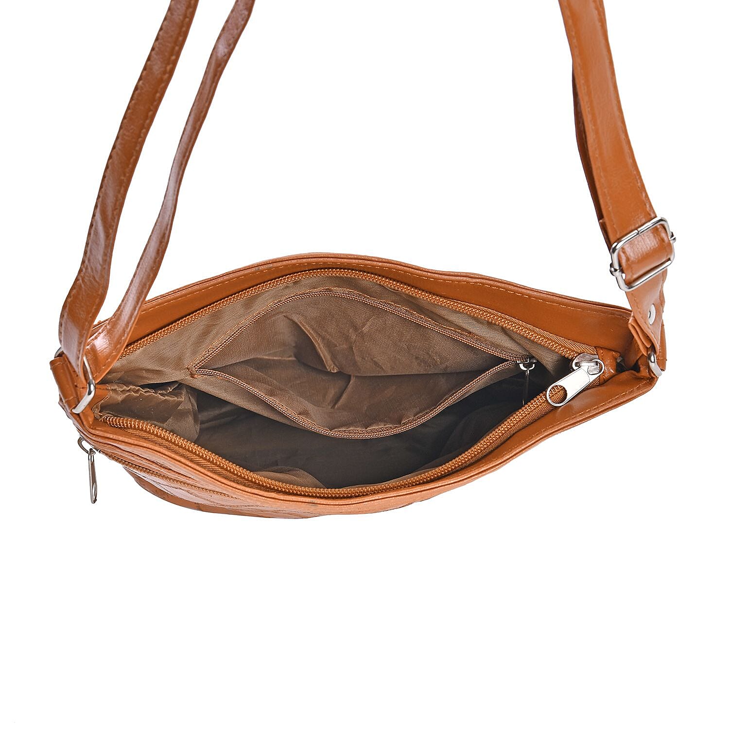 Leather Patch Work Crossbody Bag with Adjustable Shoulder Strap - Tan