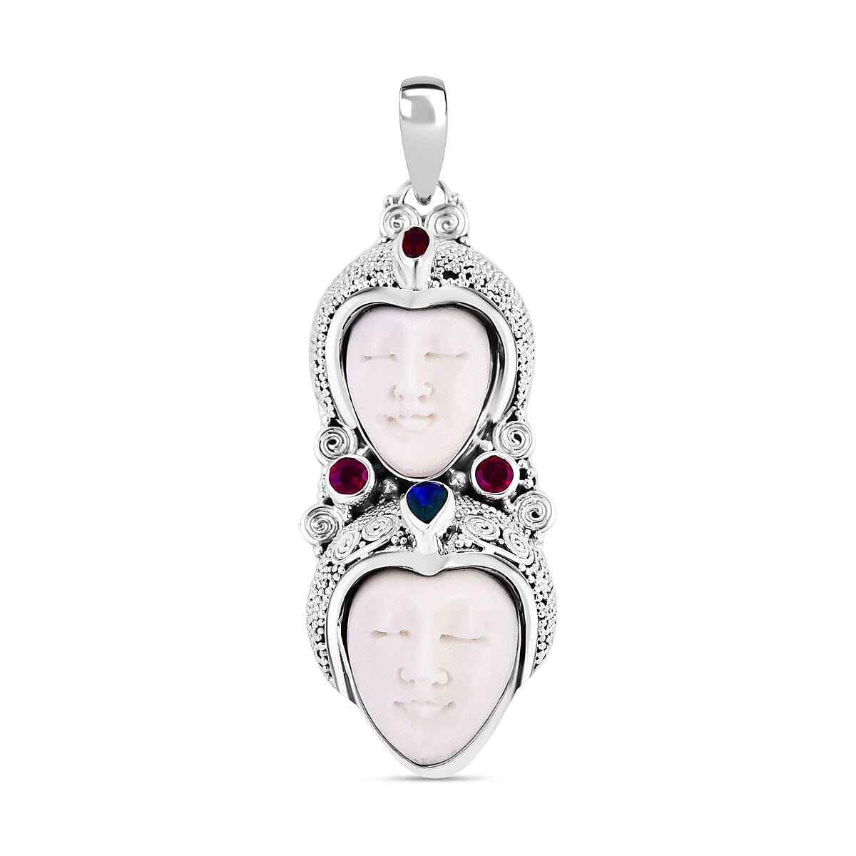 Princess Bali Collection - Ox Bone & Multi Gemstone Pendant in Sterling Silver 1.55 Ct, Silver Wt. 18.30 GM