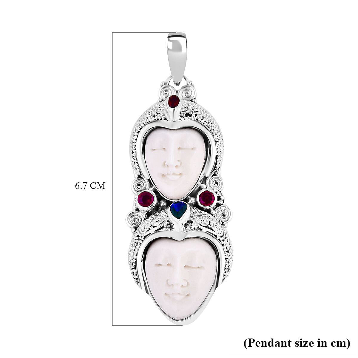 Princess Bali Collection - Ox Bone & Multi Gemstone Pendant in Sterling Silver 1.55 Ct, Silver Wt. 18.30 GM