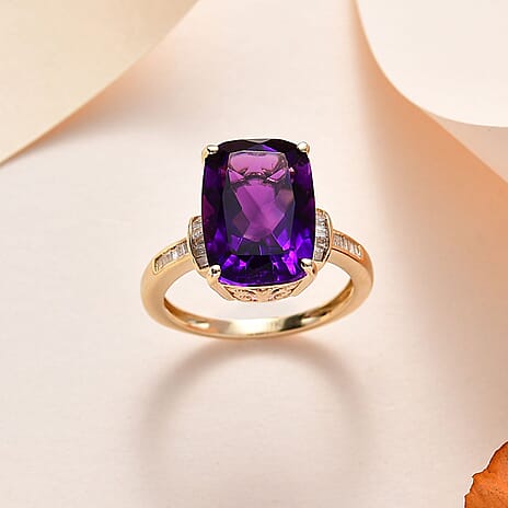 9K Yellow Gold AAA Moroccan Amethyst & Diamond Ring 6.76 Ct