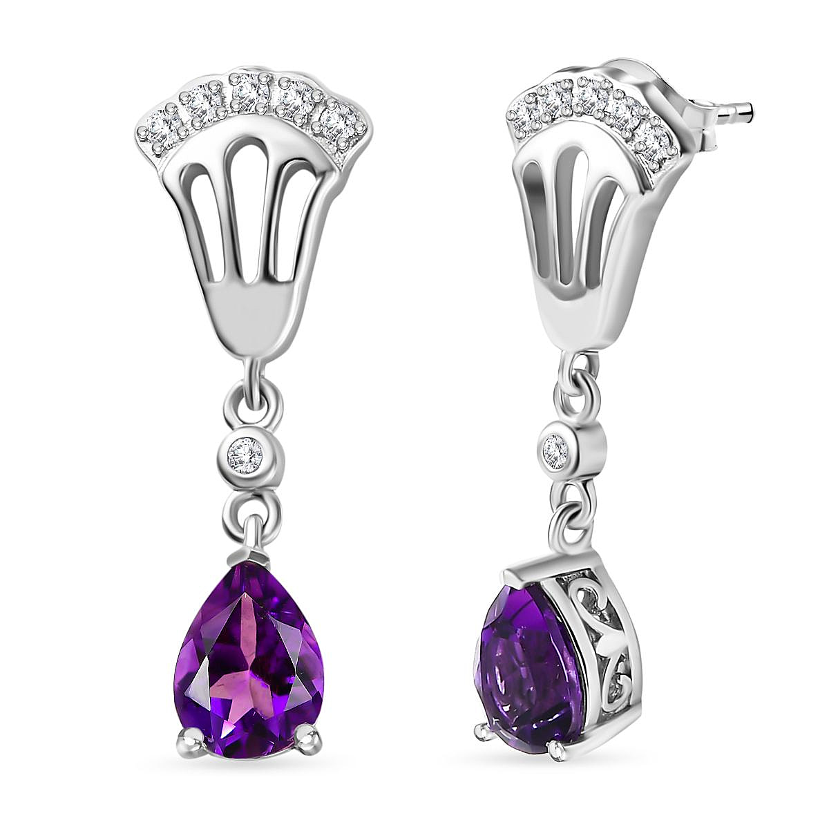 Moroccan Amethyst, White Zircon Solitaire Stud Push Post Dangle Earrings in Platinum Overlay Sterling Silver 2.426  Ct.
