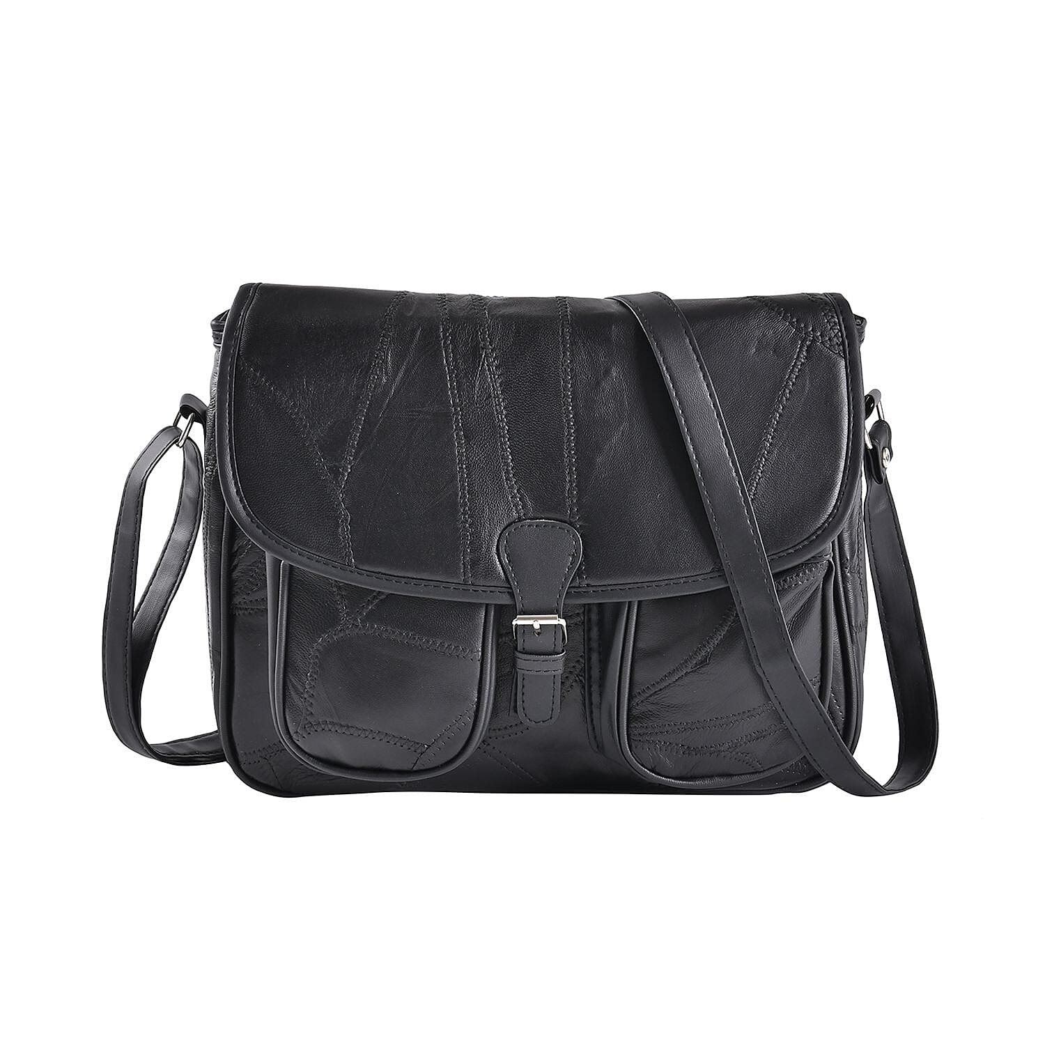 Closeout Deal Multi Pocket Genuine Leather Crossbody Bag - Black