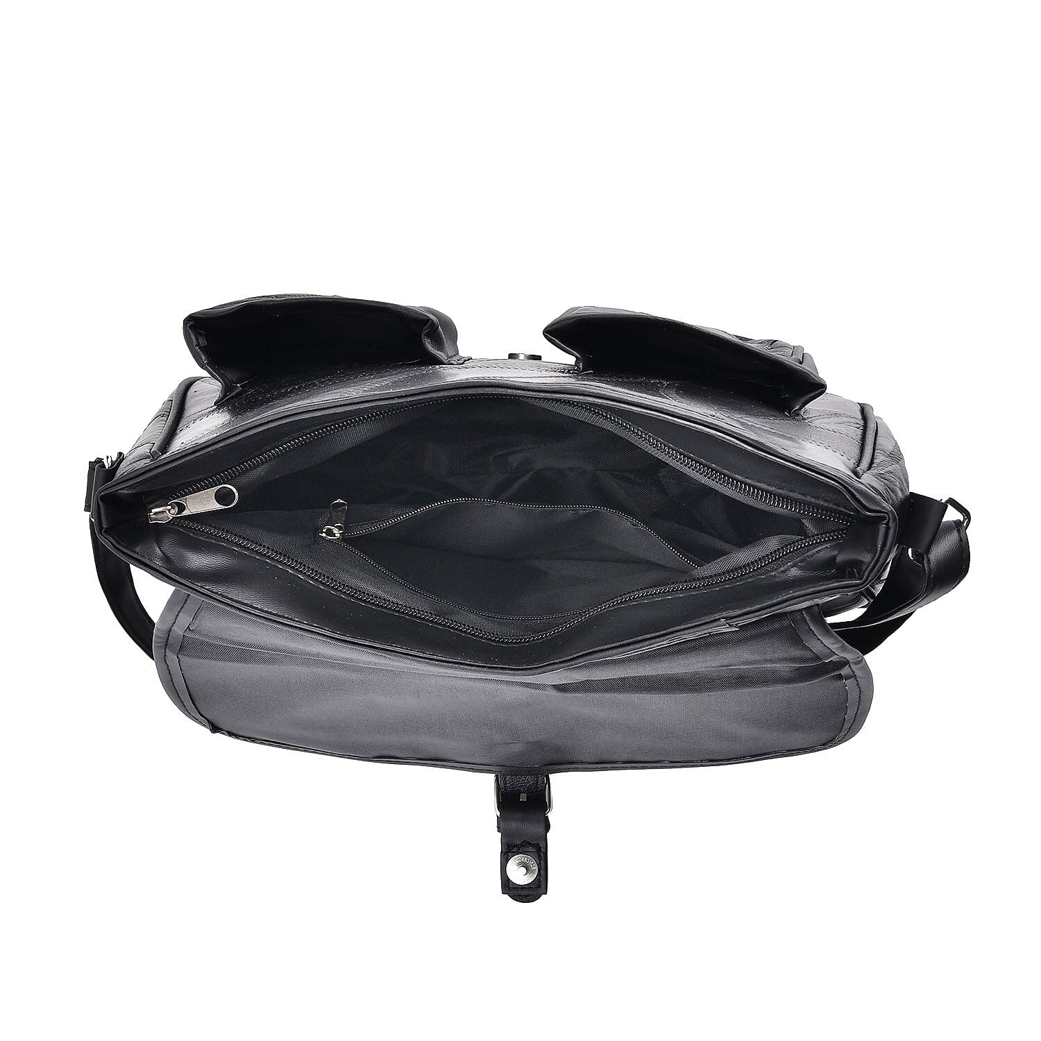 Closeout Deal Multi Pocket Genuine Leather Crossbody Bag - Black