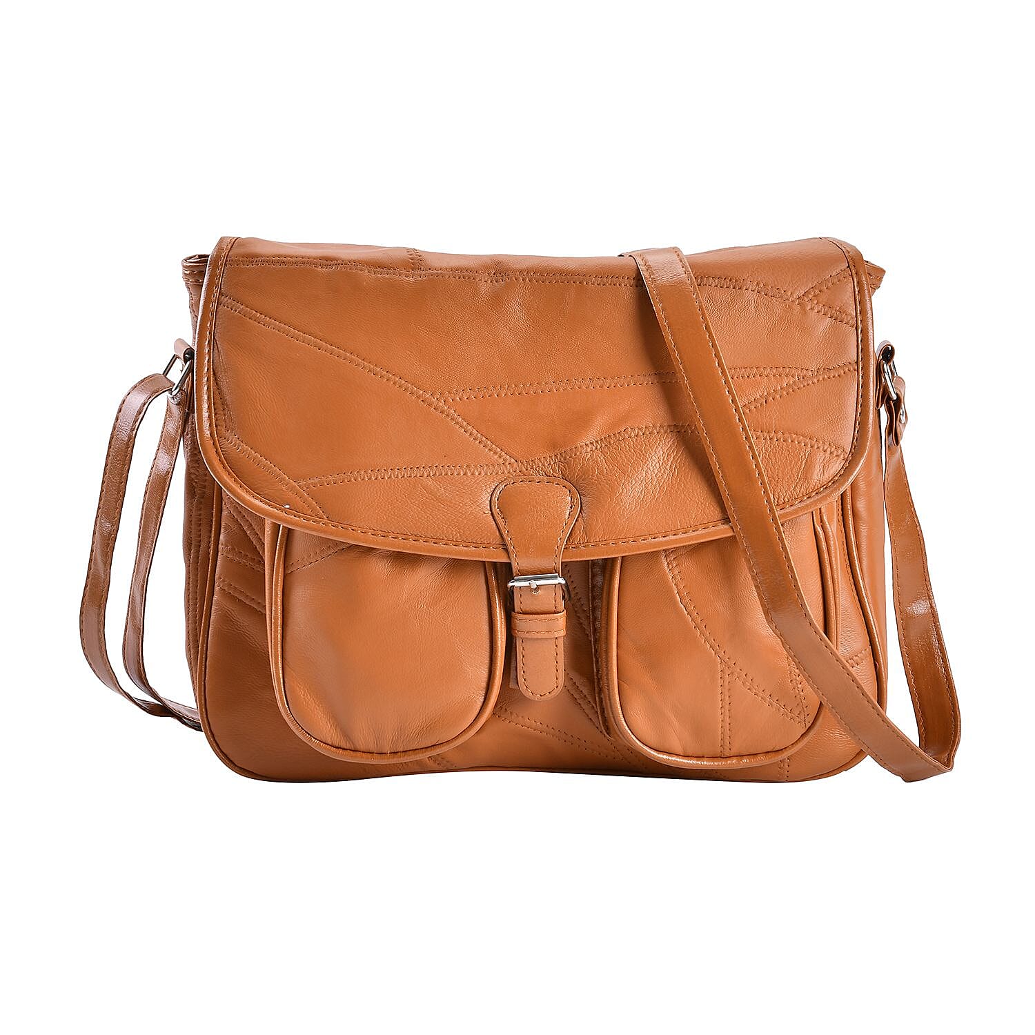 Closeout Deal Multi Pocket Genuine Leather Crossbody Bag - Tan