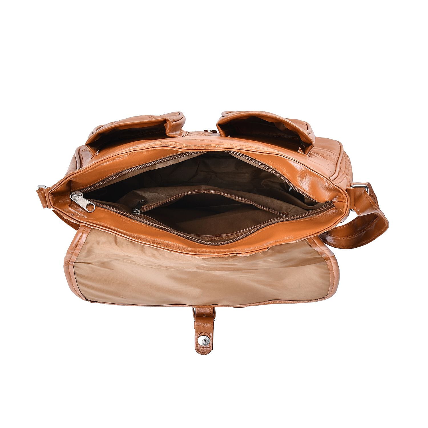 Closeout Deal Multi Pocket Genuine Leather Crossbody Bag - Tan