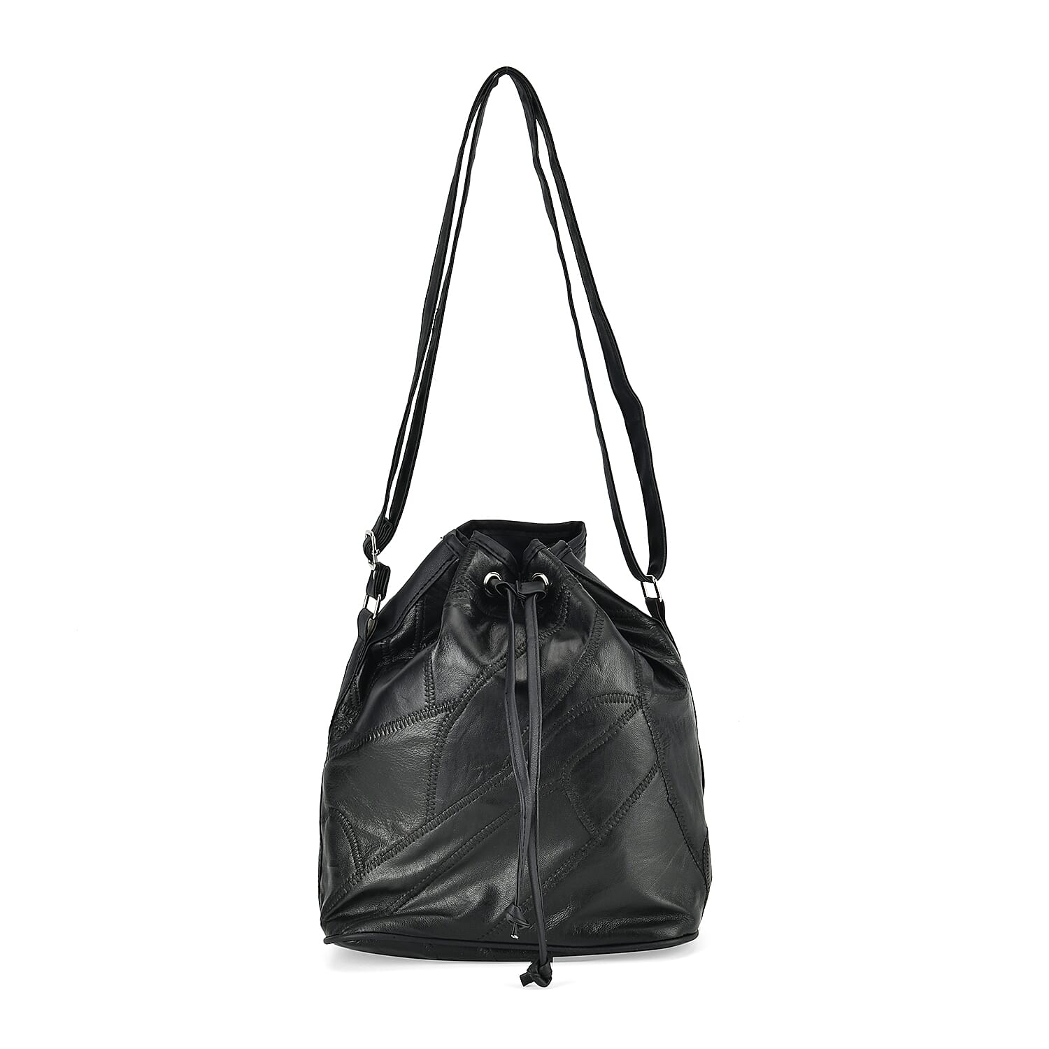 Patchwork Leather Bucket Bag with Drawstring Closure - Black