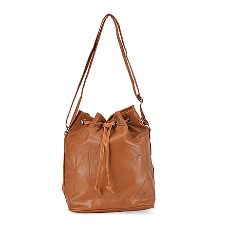 One Time Closeout - 100% Genuine  Leather Bucket Bag (Size 29x23x15 cm)(Size 29x23x15 cm) - Tan
