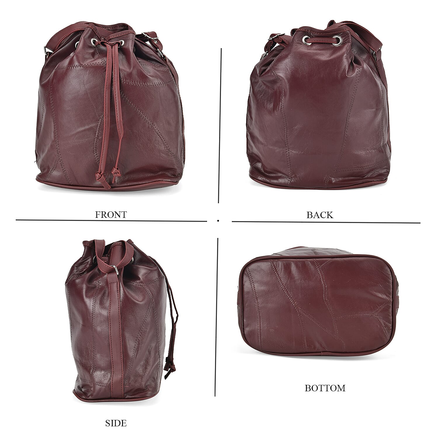 One Time Closeout - 100% Genuine  Leather Bucket Bag (Size 29x23x15 cm)(Size 29x23x15 cm) - Burgundy
