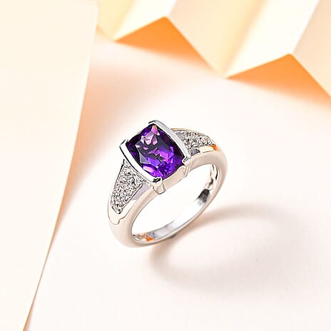 Moroccan Amethyst & Natural Zircon Ring in Platinum Overlay Sterling Silver 2.45 Ct.
