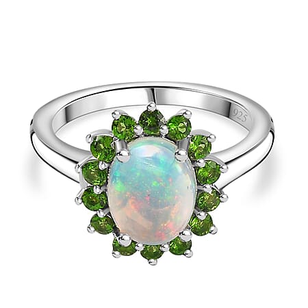 Ethiopian Opal, Natural Chrome Diopside Halo Ring in Platinum Overlay Sterling Silver