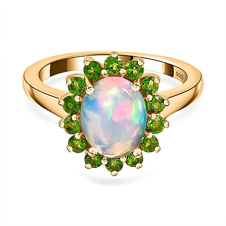 Ethiopian Opal ,  Natural Chrome Diopside  Main Stone With Side Stone Ring in Vermeil YG Sterling Silver 1.71 ct  1.799  Ct.