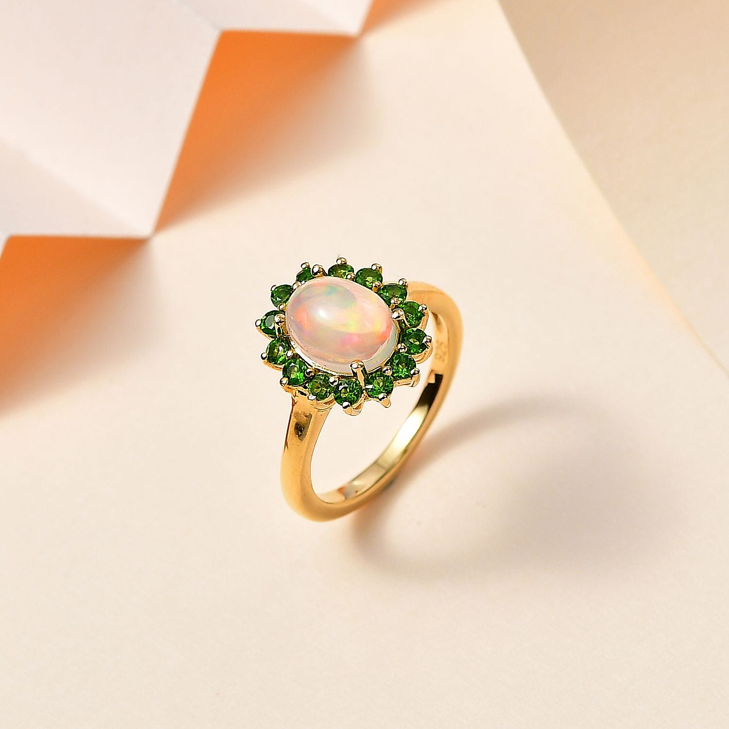 Ethiopian Opal ,  Natural Chrome Diopside  Main Stone With Side Stone Ring in Vermeil YG Sterling Silver 1.71 ct  1.799  Ct.