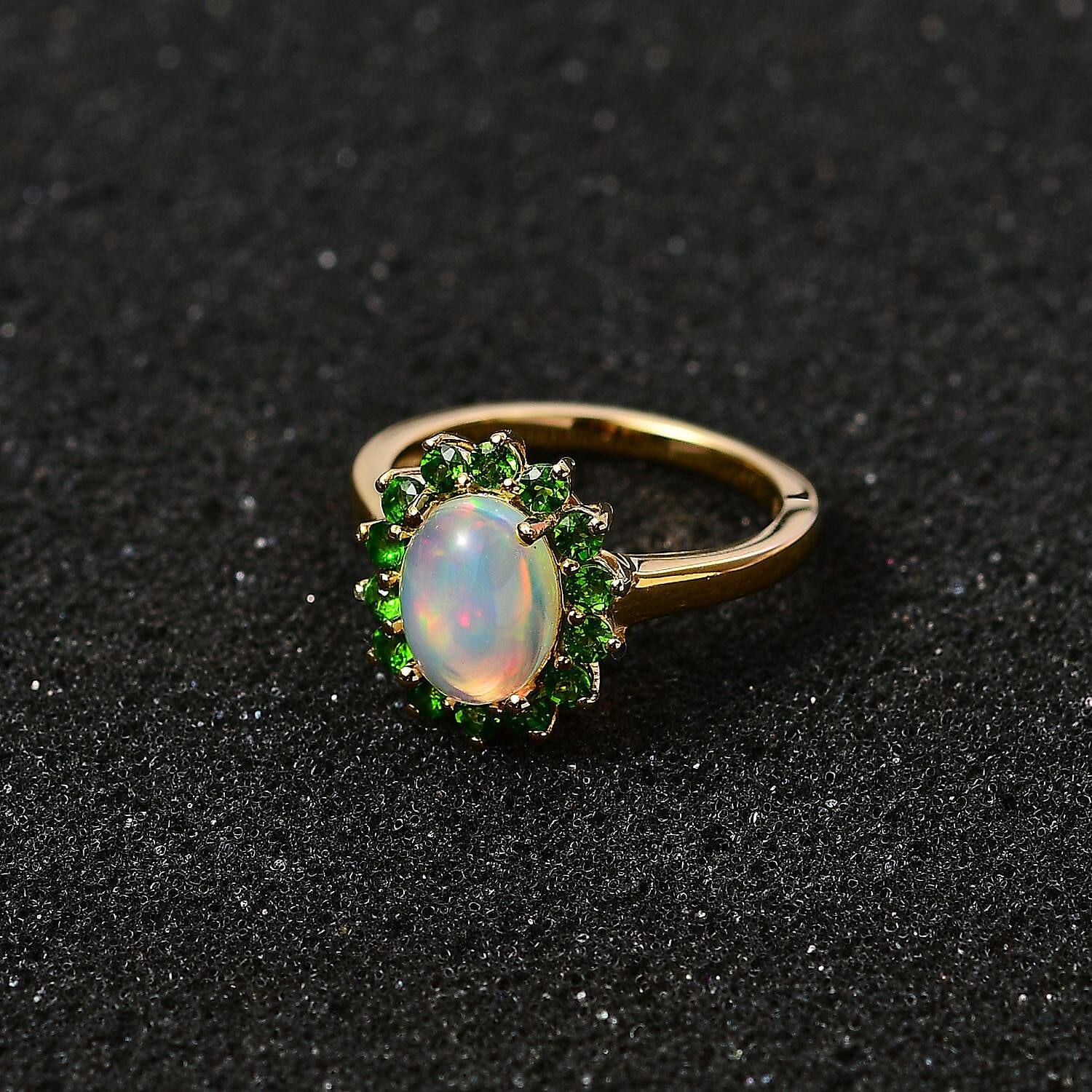 Ethiopian Opal ,  Natural Chrome Diopside  Main Stone With Side Stone Ring in Vermeil YG Sterling Silver 1.71 ct  1.799  Ct.