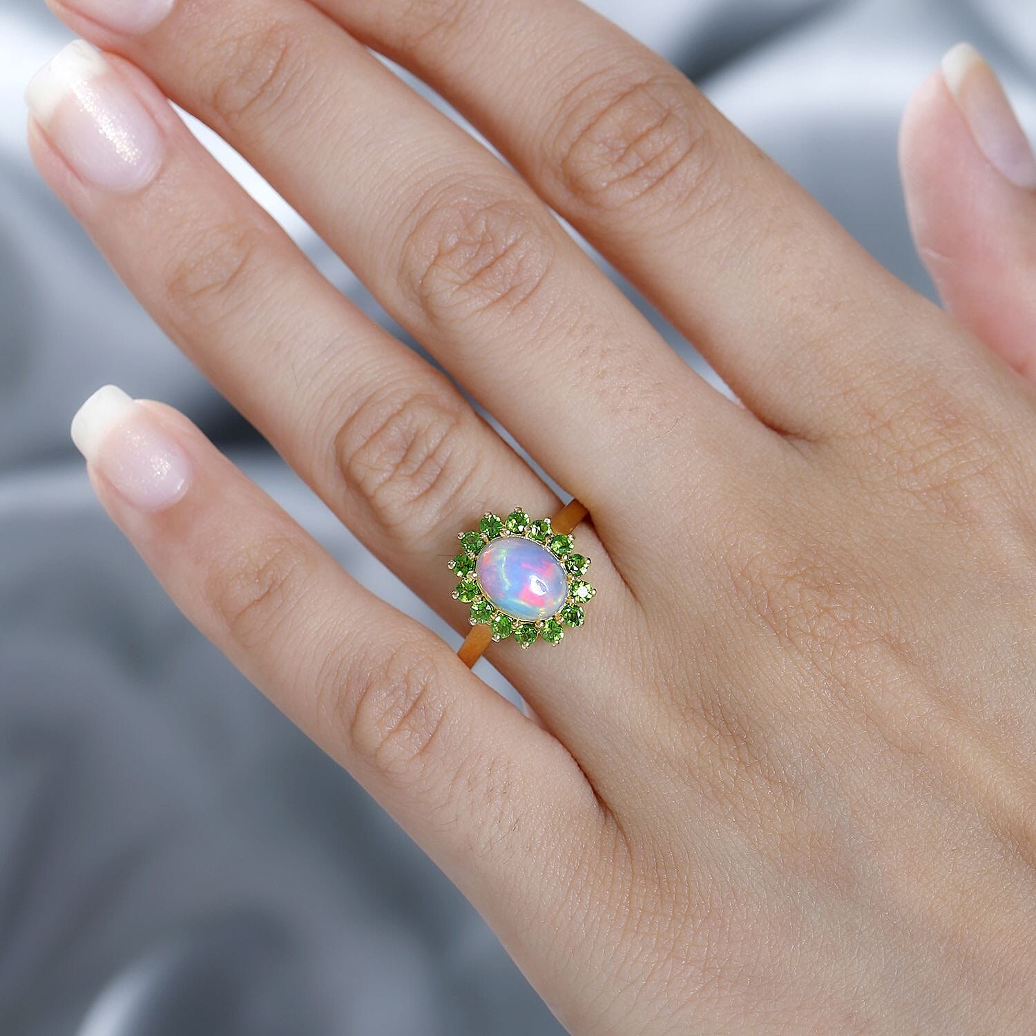 Ethiopian Opal ,  Natural Chrome Diopside  Main Stone With Side Stone Ring in Vermeil YG Sterling Silver 1.71 ct  1.799  Ct.