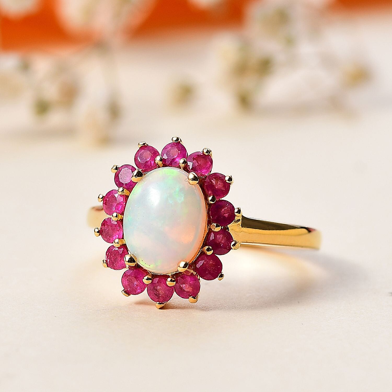 Ethiopian Opal ,  African Ruby  Main Stone With Side Stone Ring in Vermeil YG Sterling Silver 1.77 ct  1.986  Ct.