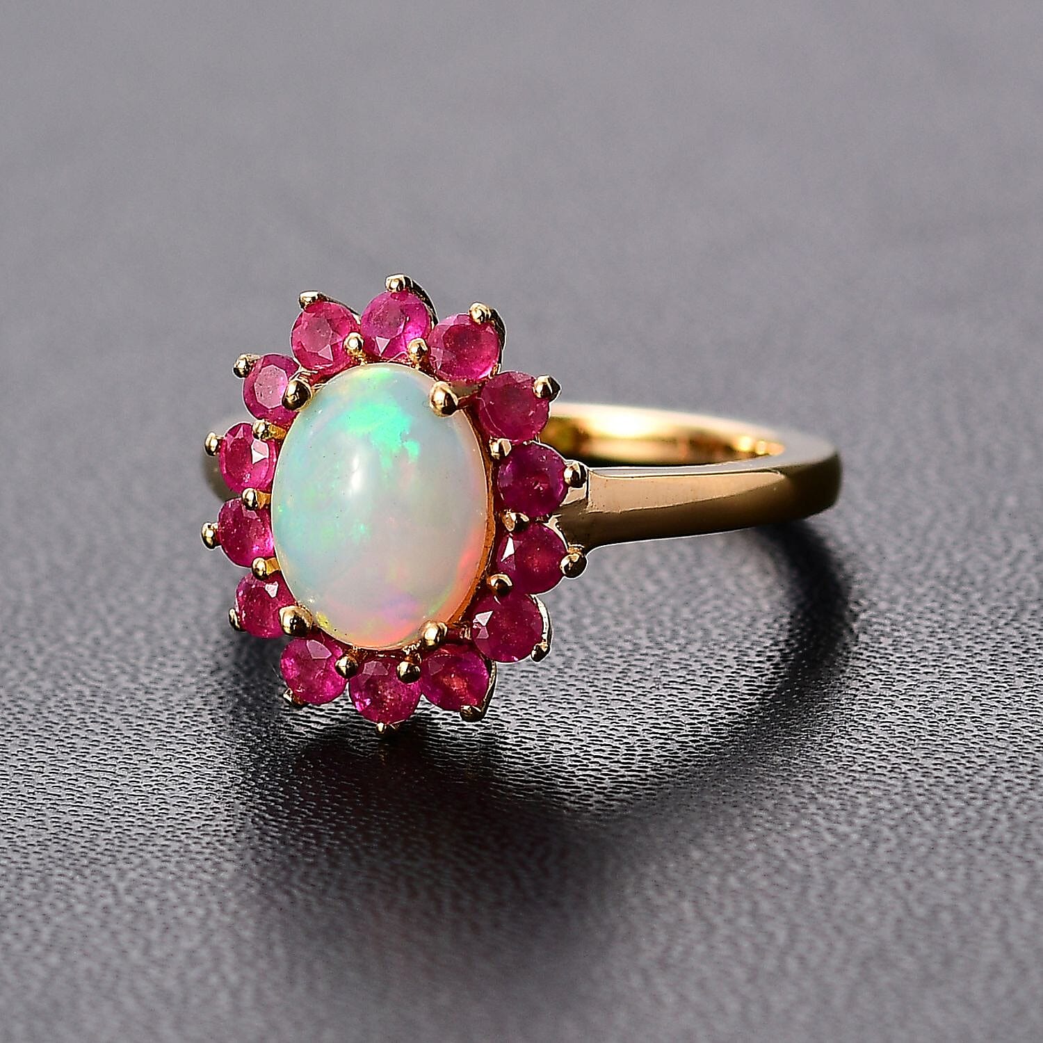 Ethiopian Opal ,  African Ruby  Main Stone With Side Stone Ring in Vermeil YG Sterling Silver 1.77 ct  1.986  Ct.