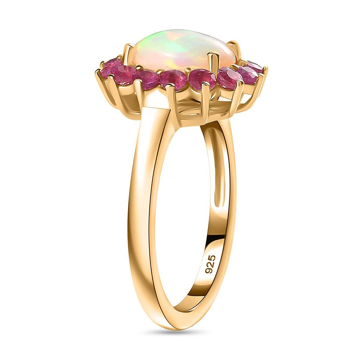 Ethiopian Opal ,  African Ruby  Main Stone With Side Stone Ring in Vermeil YG Sterling Silver 1.77 ct  1.986  Ct.