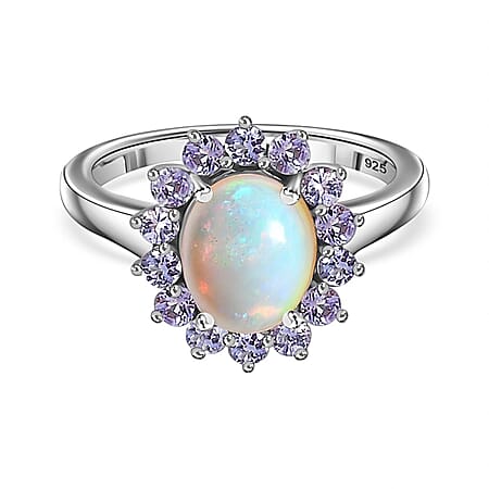 Ethiopian Opal ,  Tanzanite  Main Stone With Side Stone Ring in Platinum Overlay Sterling Silver 1.71 ct  1.805  Ct.