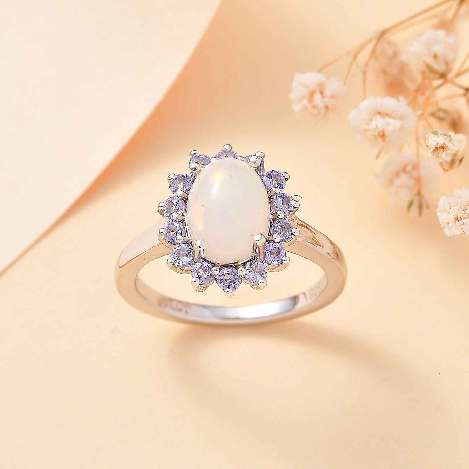 Ethiopian Opal ,  Tanzanite  Main Stone With Side Stone Ring in Platinum Overlay Sterling Silver 1.71 ct  1.805  Ct.