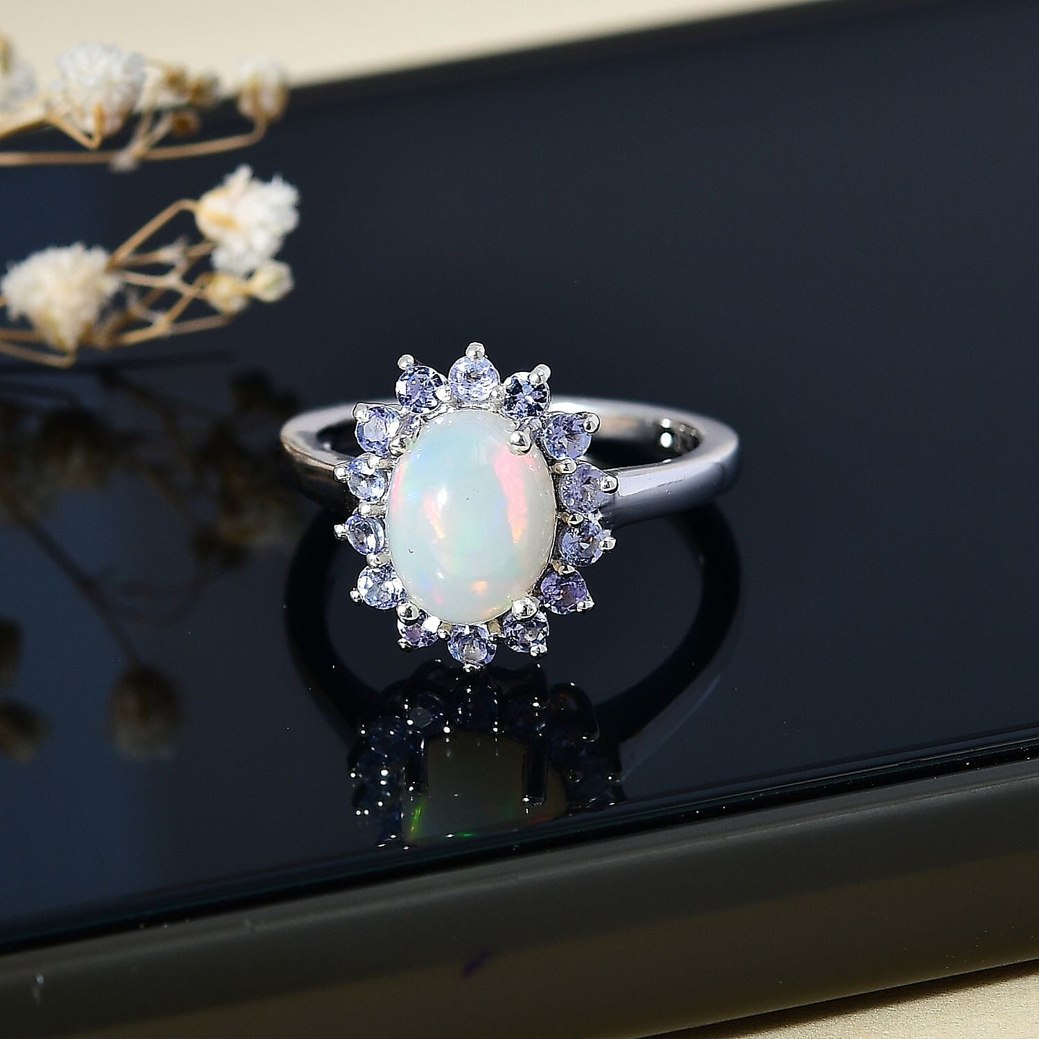 Ethiopian Opal ,  Tanzanite  Main Stone With Side Stone Ring in Platinum Overlay Sterling Silver 1.71 ct  1.805  Ct.