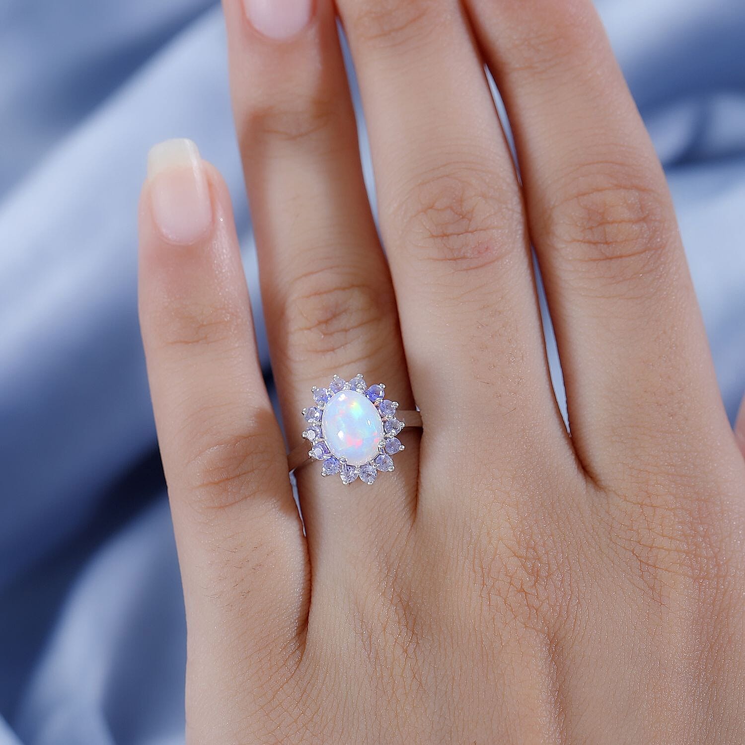Ethiopian Opal ,  Tanzanite  Main Stone With Side Stone Ring in Platinum Overlay Sterling Silver 1.71 ct  1.805  Ct.