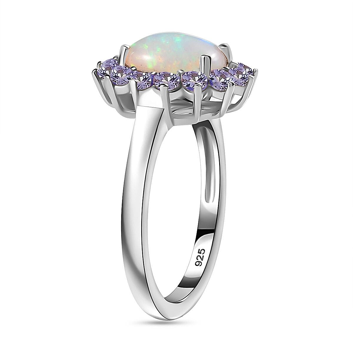 Ethiopian Opal ,  Tanzanite  Main Stone With Side Stone Ring in Platinum Overlay Sterling Silver 1.71 ct  1.805  Ct.