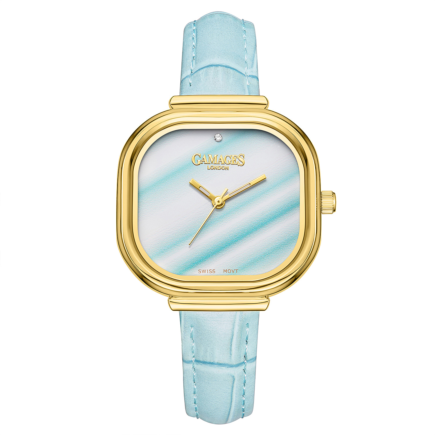 Gamages Of London Limited Mirror Diamond Swiss Quartz Movt. 30m Water Resistant Ladies Watch with Teal Leather Strap