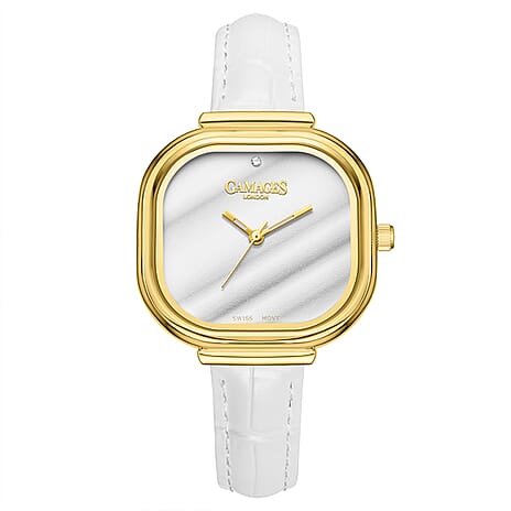 Gamages Of London Limited Mirror Diamond Swiss Quartz Movt. 30m Water Resistant Ladies Watch with White Leather Strap