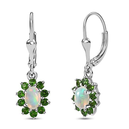 Ethiopian Opal ,  Natural Chrome Diopside  Solitaire Lever Back Earring in Platinum Overlay Sterling Silver 1.52 ct  1.380  Ct.