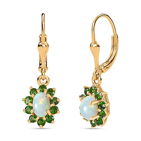 Ethiopian Opal ,  Natural Chrome Diopside  Solitaire Lever Back Earring in Vermeil YG Sterling Silver 1.52 ct  1.380  Ct.