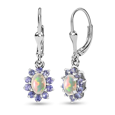 Ethiopian Opal ,  Tanzanite  Solitaire Lever Back Earring in Platinum Overlay Sterling Silver 1.50 ct  1.338  Ct.