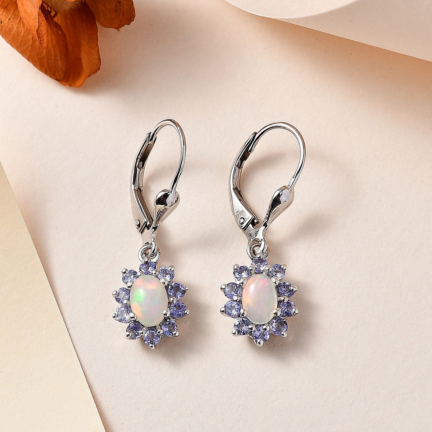 Ethiopian Opal , Tanzanite Solitaire Lever Back Earring in Platinum Overlay Sterling Silver 1.50 ct 1.338 Ct.