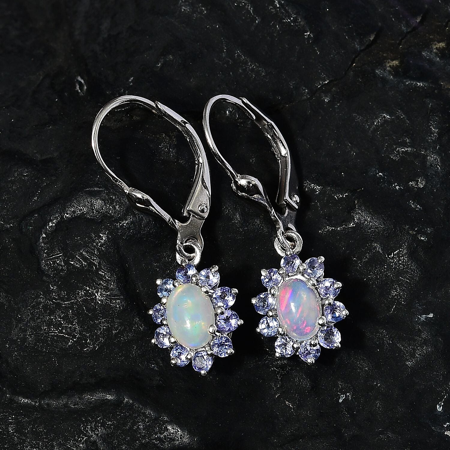 Ethiopian Opal , Tanzanite Solitaire Lever Back Earring in Platinum Overlay Sterling Silver 1.50 ct 1.338 Ct.