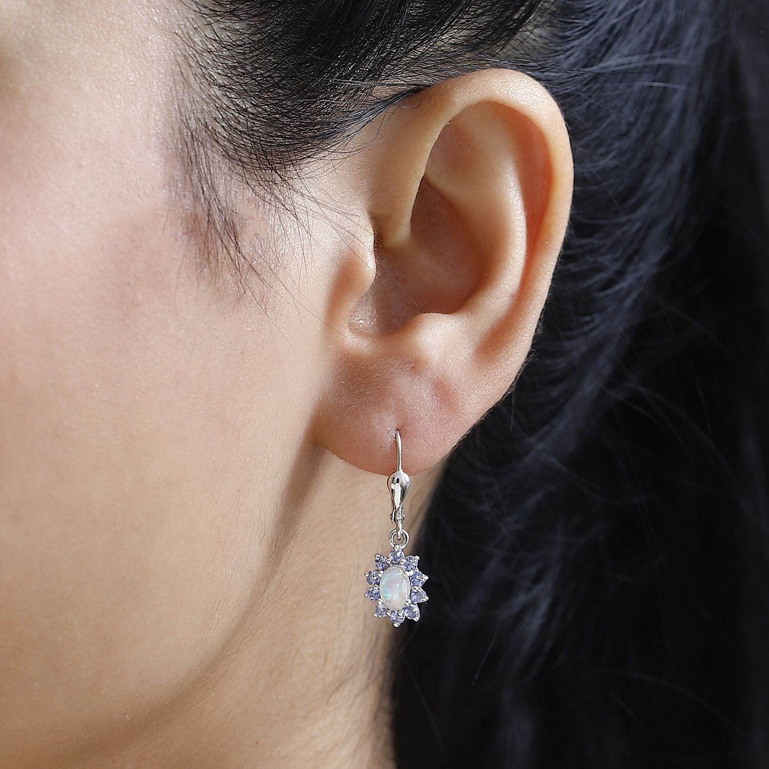Ethiopian Opal , Tanzanite Solitaire Lever Back Earring in Platinum Overlay Sterling Silver 1.50 ct 1.338 Ct.