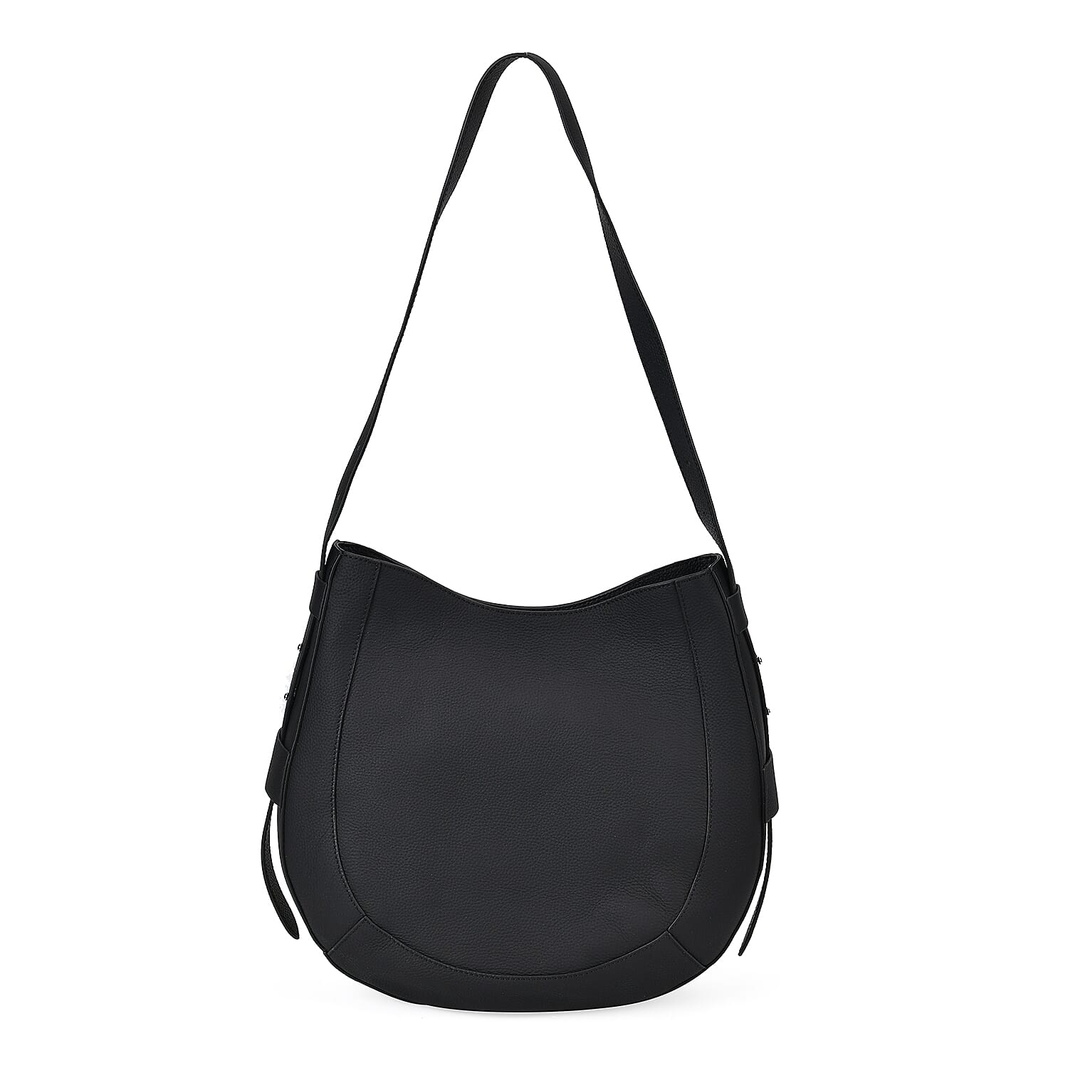 100% Genuine Leather U-shaped Crossbody Bag with Zipped Closure & Adjustable shoulder Strap - Black