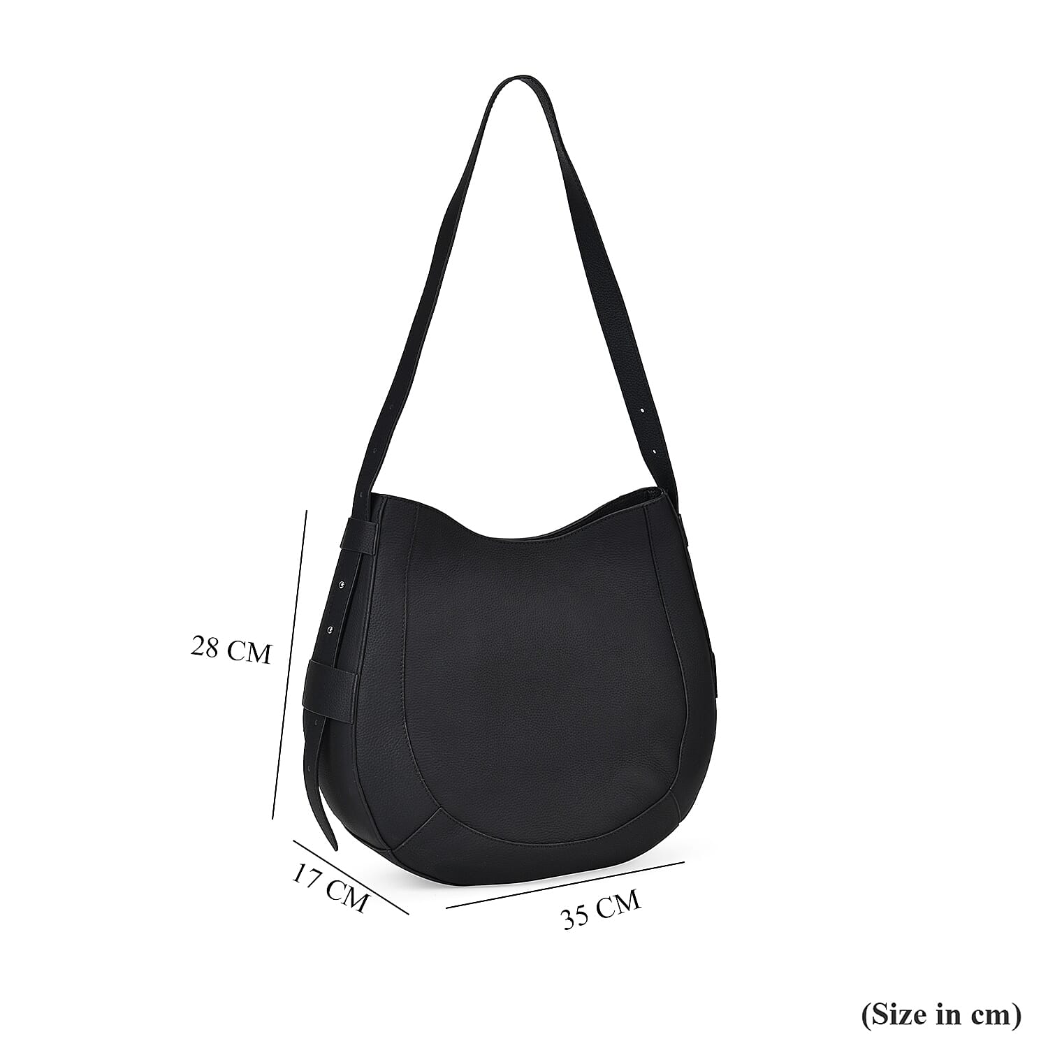 100% Genuine Leather U-shaped Crossbody Bag with Zipped Closure & Adjustable shoulder Strap - Black