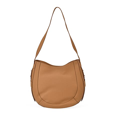 Genuine Leather Solid Pattern Crossbody Bag with Adjustable Shoulder - Tan