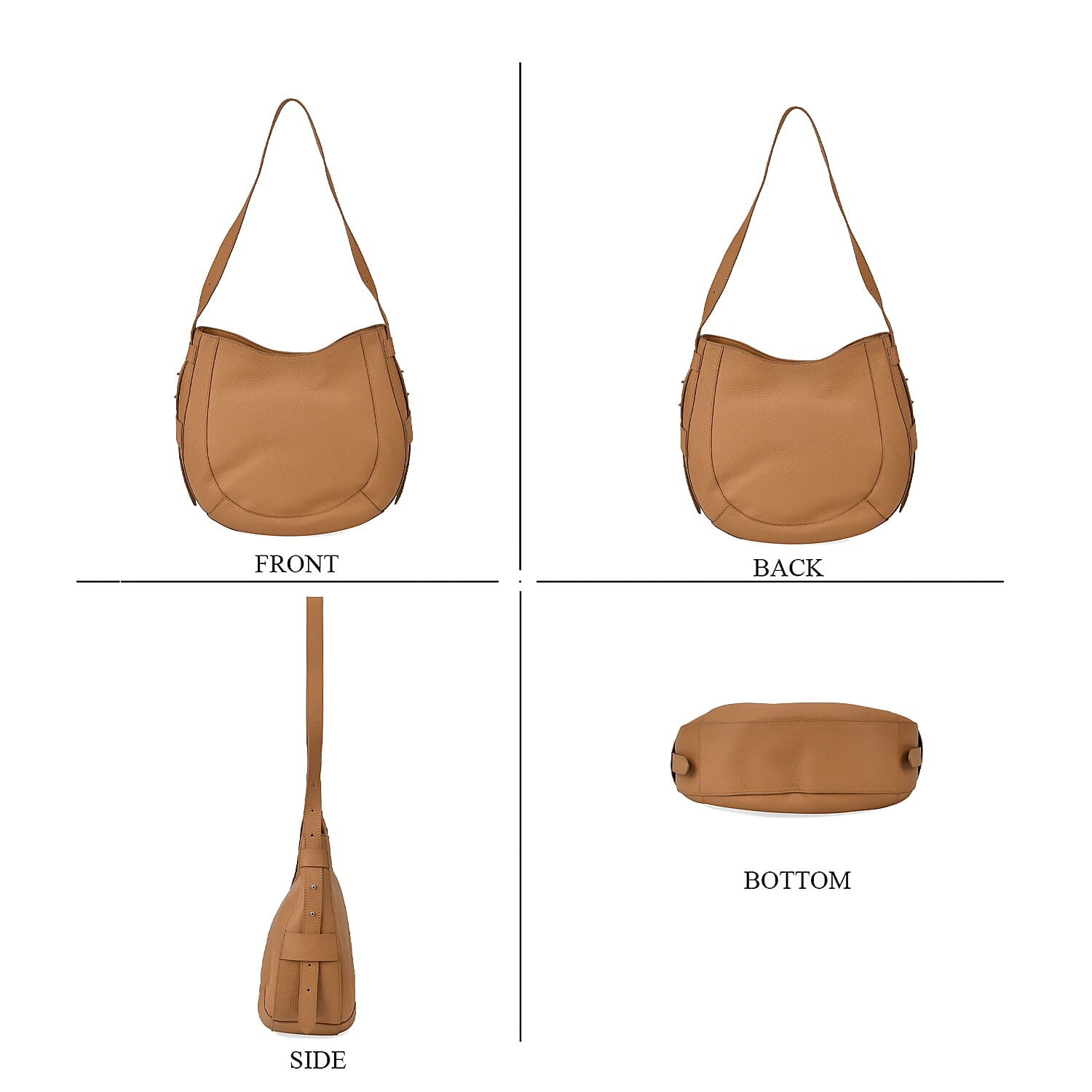 100% Genuine Leather U-shaped Crossbody Bag with Zipped Closure & Adjustable shoulder Strap - Tan