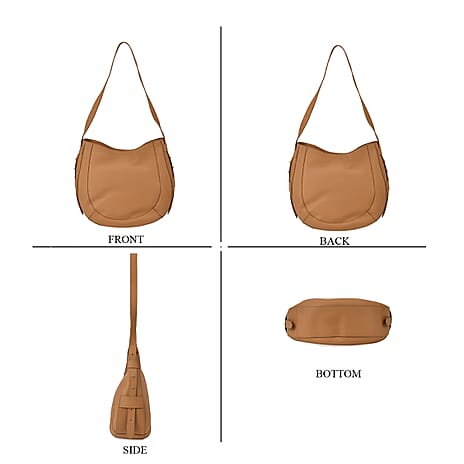 Genuine Leather Solid Pattern Crossbody Bag with Adjustable Shoulder - Tan