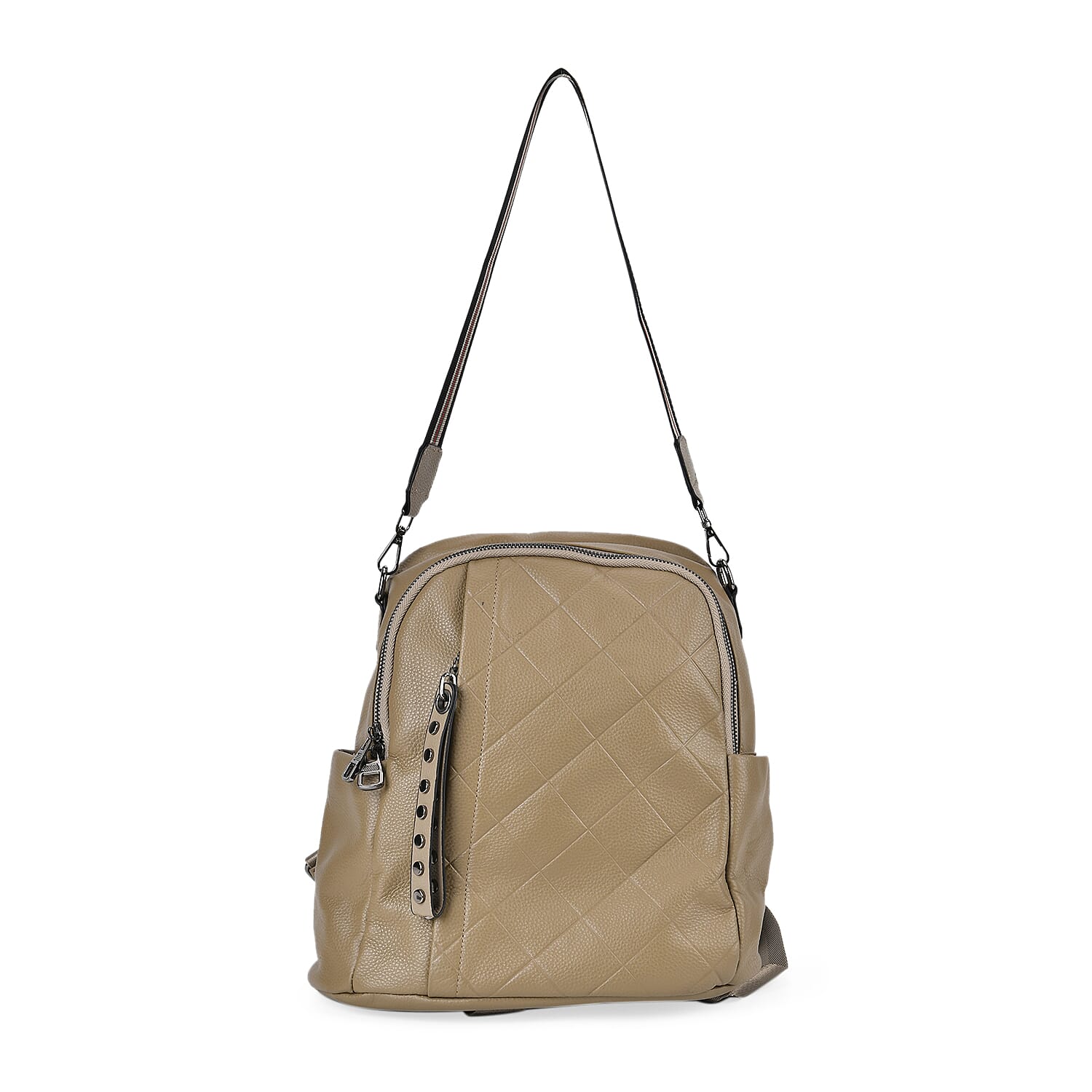  Genuine Leather Womens Backpack Bag with Long Shoulder Strap - Khaki