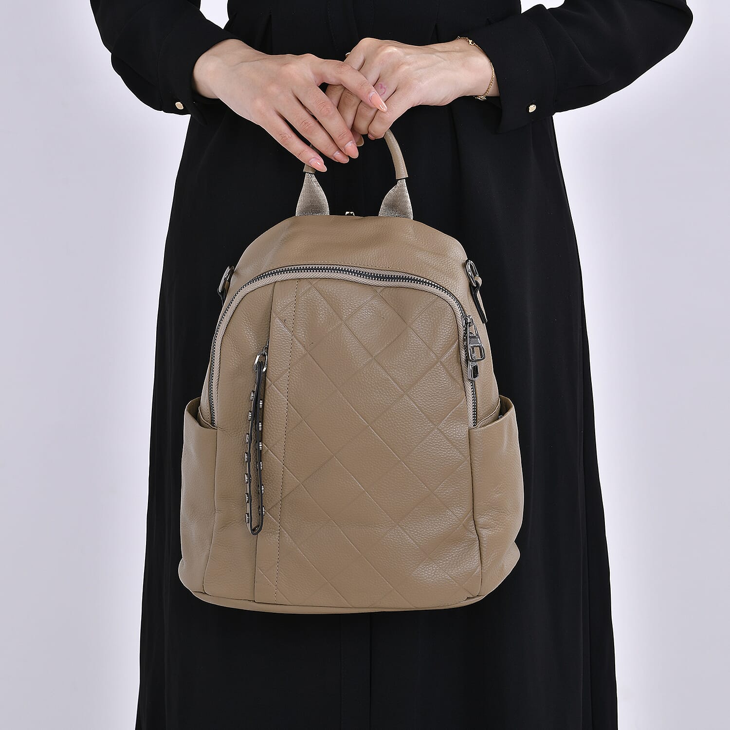  Genuine Leather Womens Backpack Bag with Long Shoulder Strap - Khaki