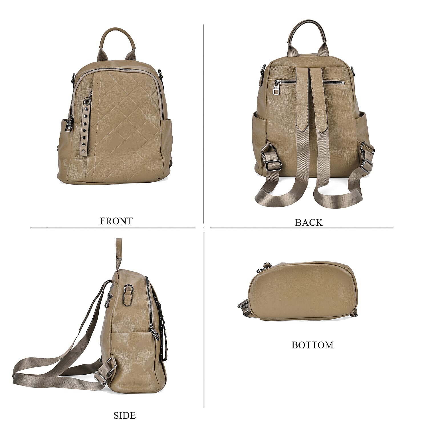  Genuine Leather Womens Backpack Bag with Long Shoulder Strap - Khaki