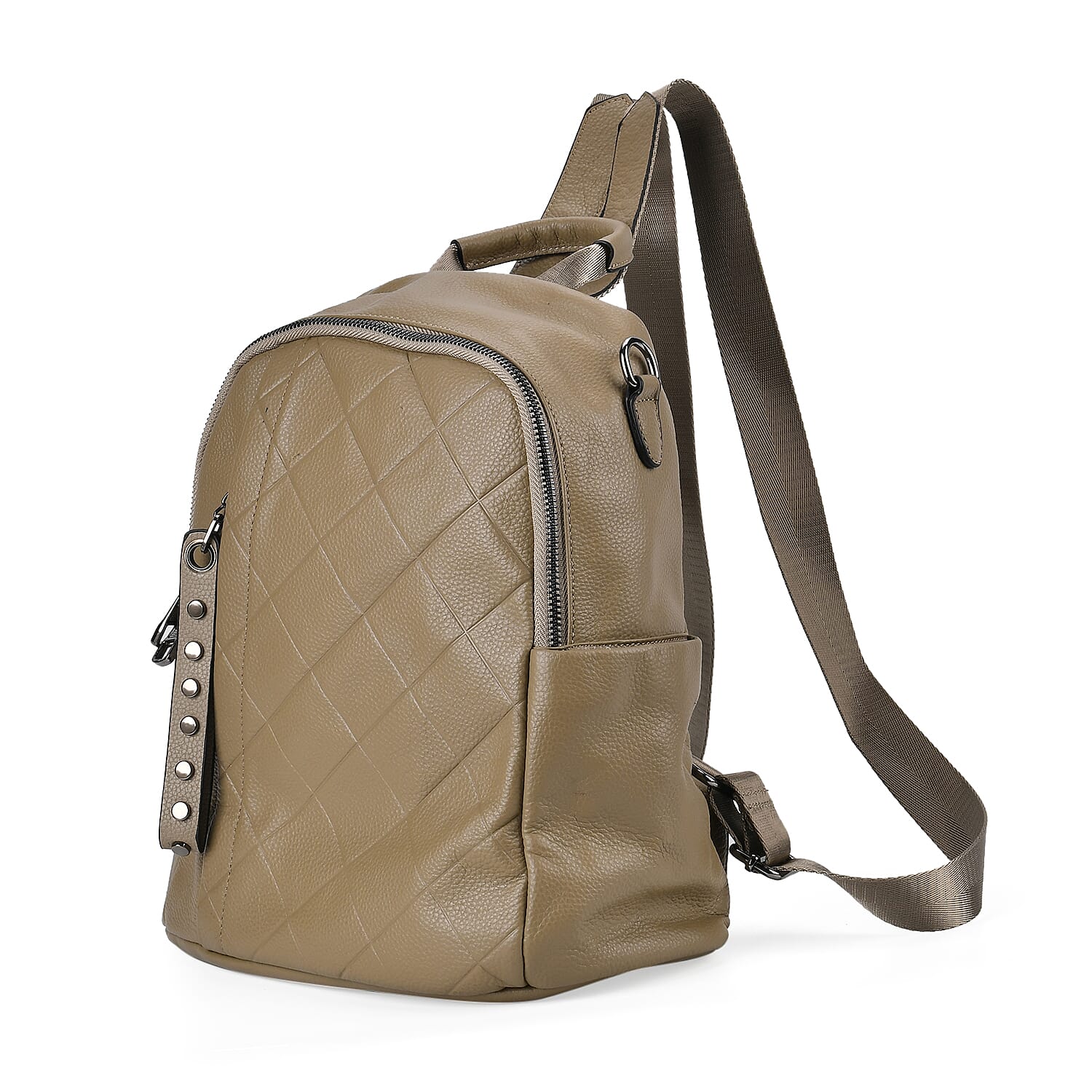 Genuine Leather Womens Backpack Bag with Long Shoulder Strap - Khaki