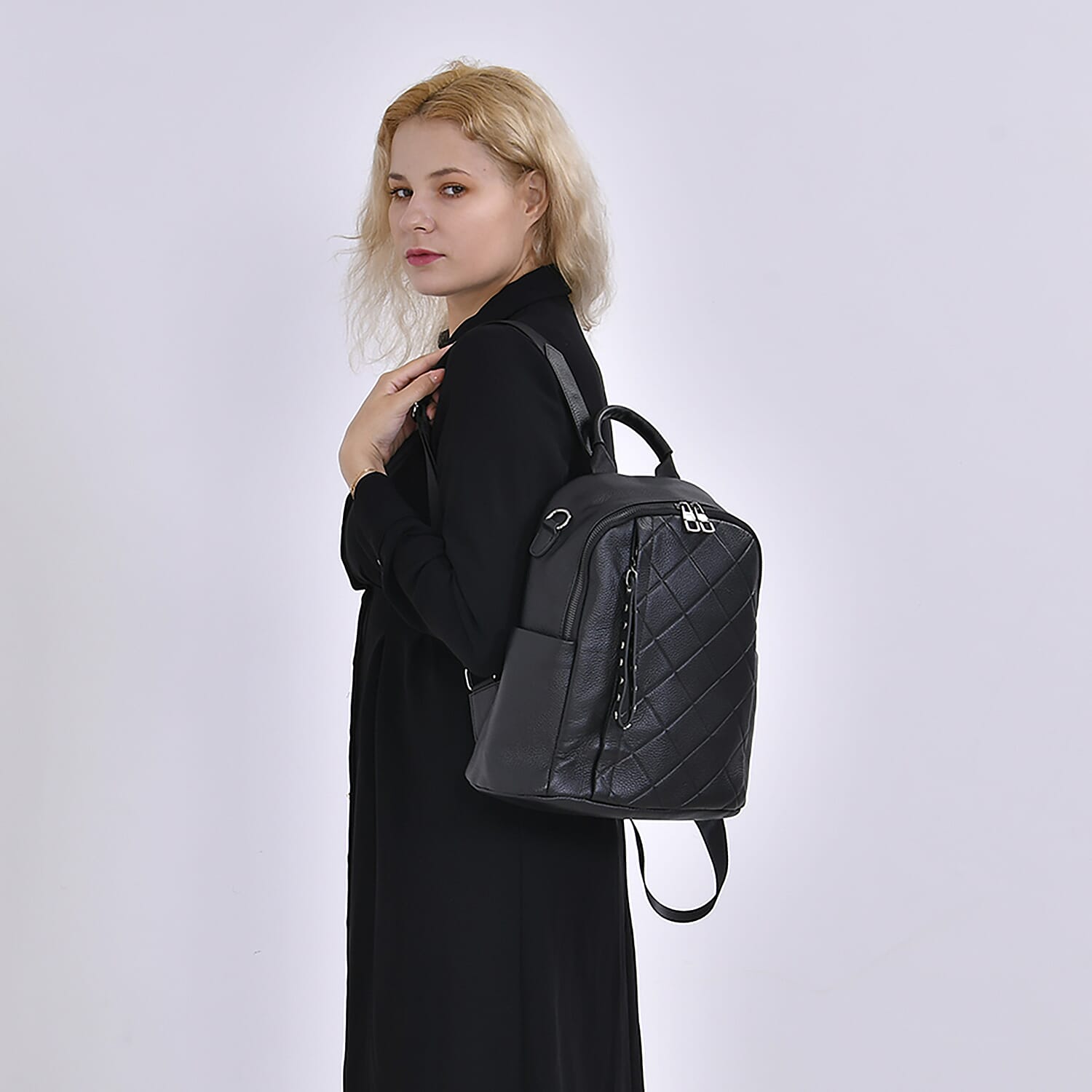 Leather Solid Backpack (Size 29x16x31 cm) - Black & Black