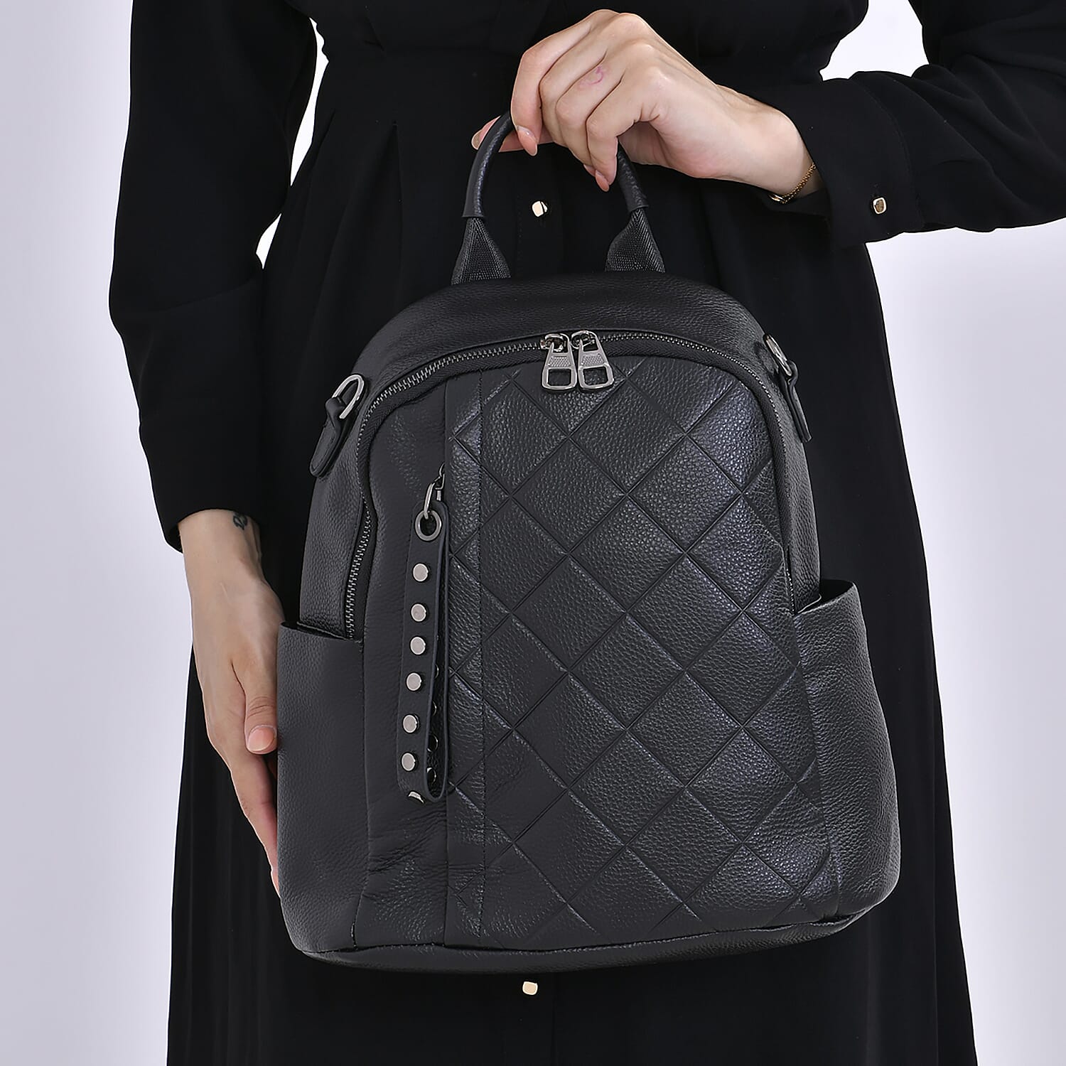 Leather Solid Backpack (Size 29x16x31 cm) - Black & Black