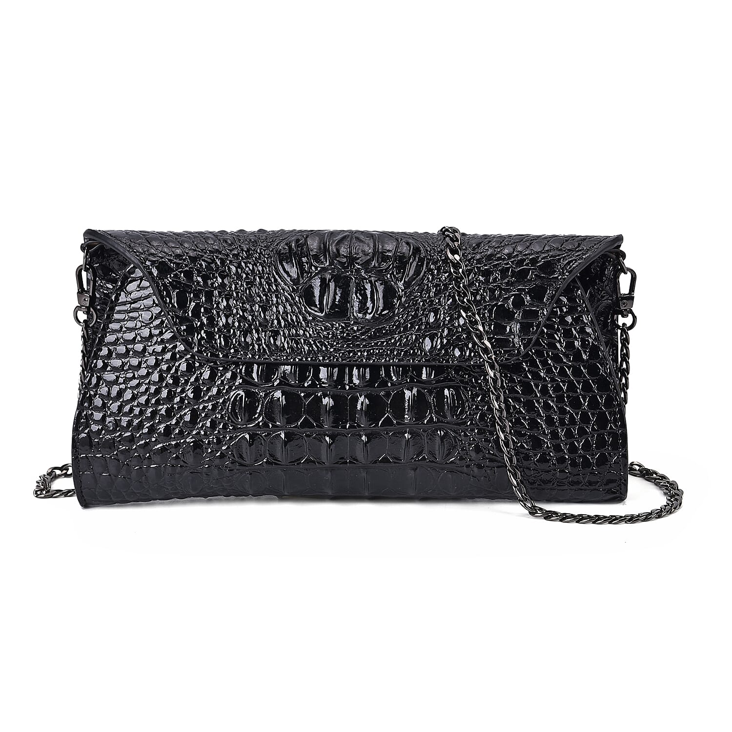 Designer Inspired - Embossed Genuine Leather Crossbody Bag With Long Chain - Black