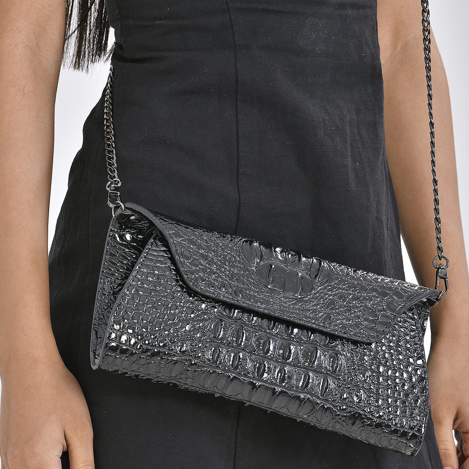 Designer Inspired - Embossed Genuine Leather Crossbody Bag With Long Chain - Black