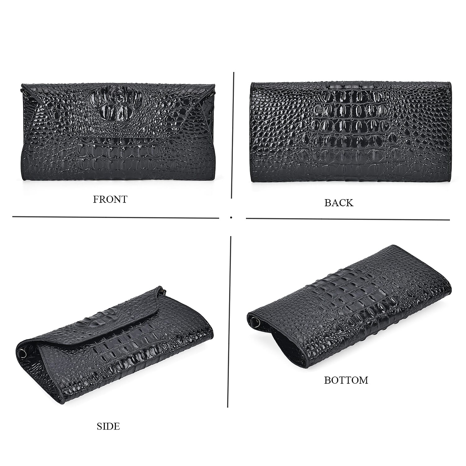 Designer Inspired - Embossed Genuine Leather Crossbody Bag With Long Chain - Black