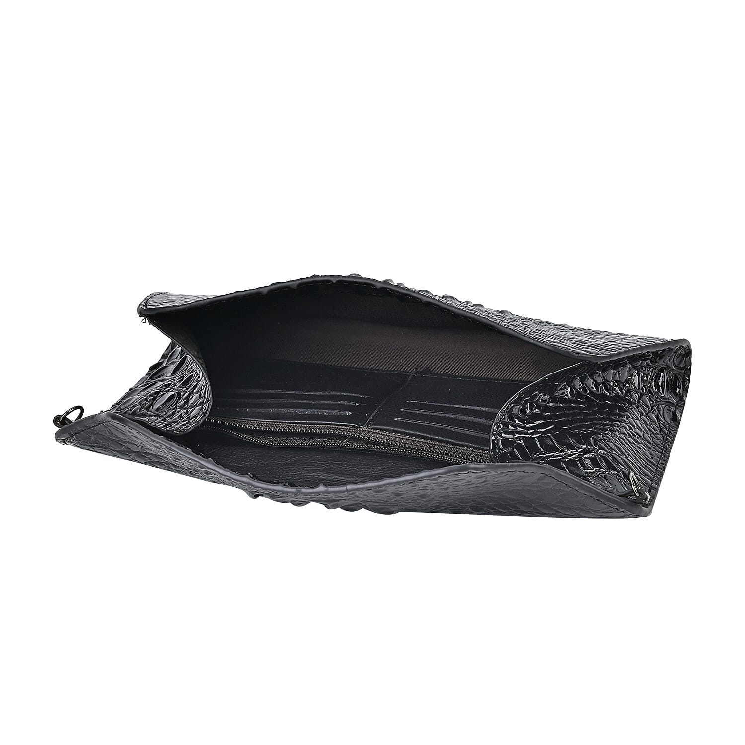 Designer Inspired - Embossed Genuine Leather Crossbody Bag With Long Chain - Black