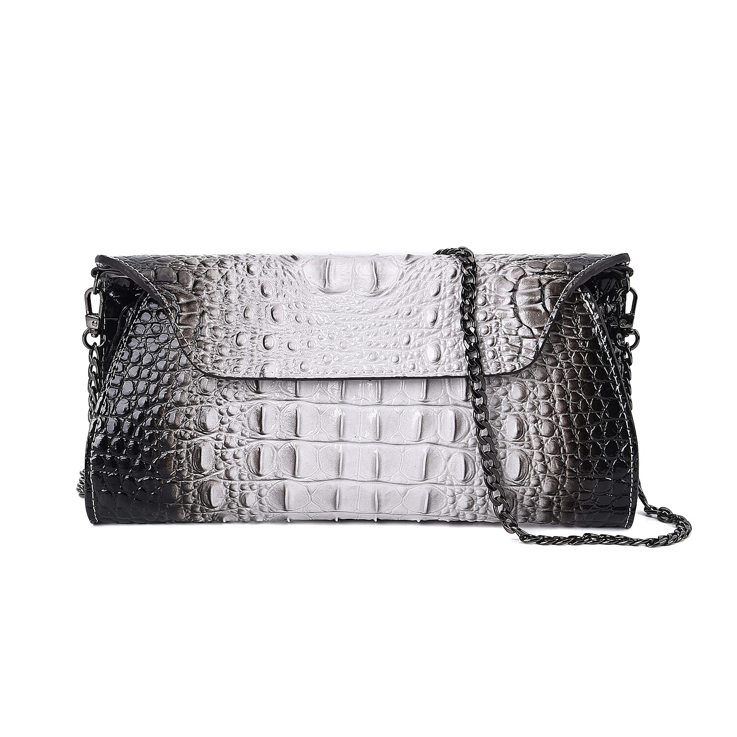 Designer Inspired - Embossed Genuine Leather Crossbody Bag With Long Chain - White